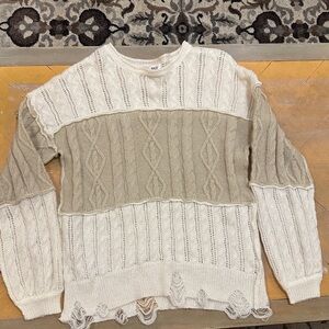 BKE Colorblock Cable Knit Sweater Women’s Small Distressed Hem Cream Tan Boho